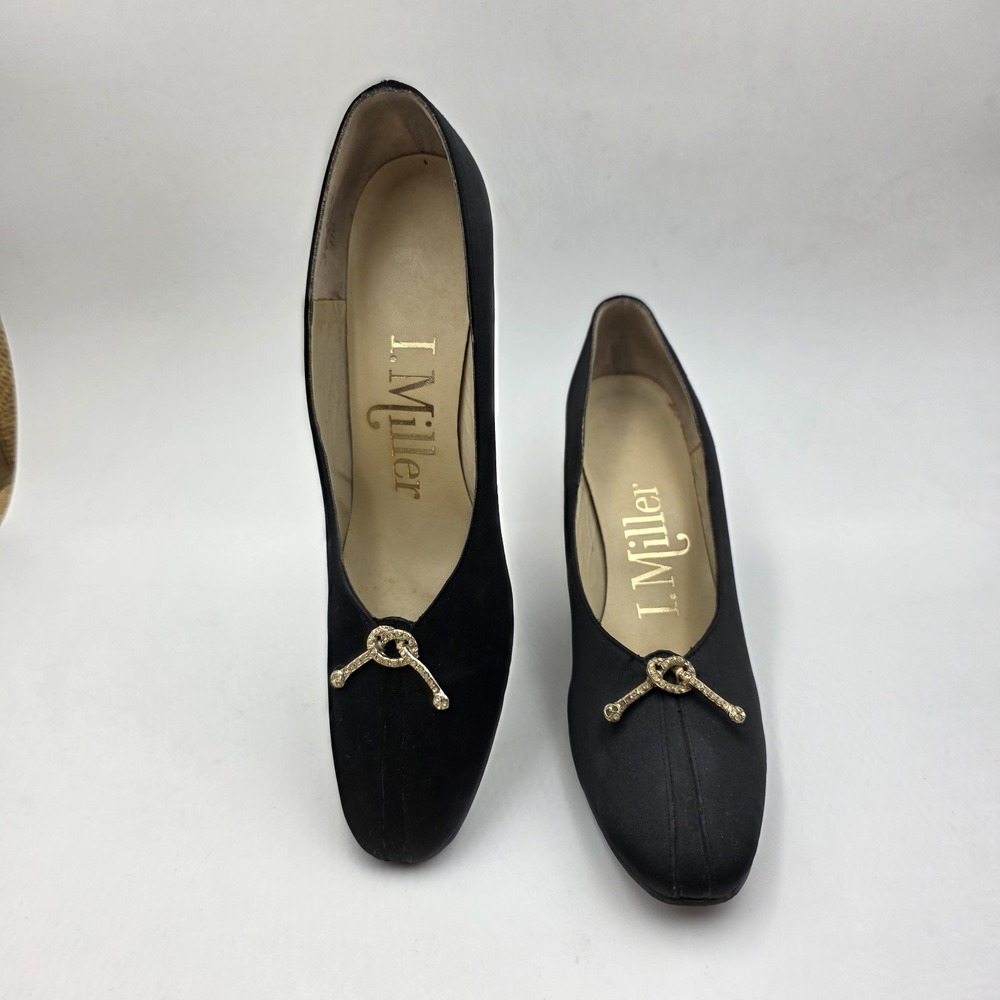 VTG I Miller Black Satin Rhinestone Knot Pumps 2.5in Heels 8AA Narrow